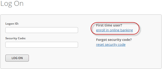 Screenshot of “Log On” page, with attention drawn to a link that says: “First time user? Enroll in online banking.”