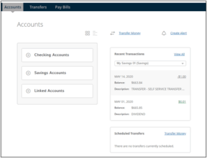 Screenshot of Online Banking account, showing the Accounts tab highlighted with a list of: Checking Accounts, Savings Accounts, and Linked Accounts.